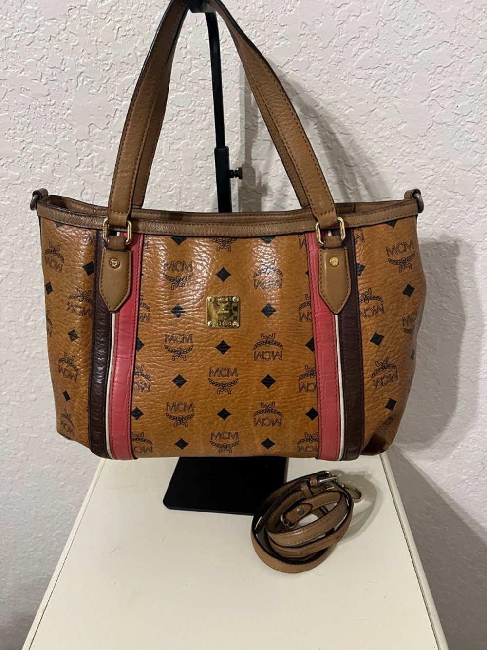 MCM Cognac Visetos Shoulder Bag with Pink & Dark Brown Trim